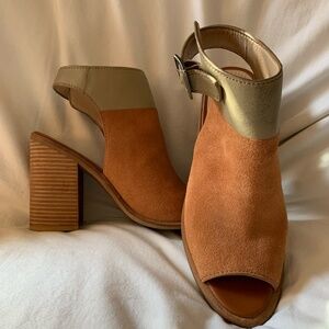 Kelsi Dagger 'Milton' suede leather open toe booties with stacked heels